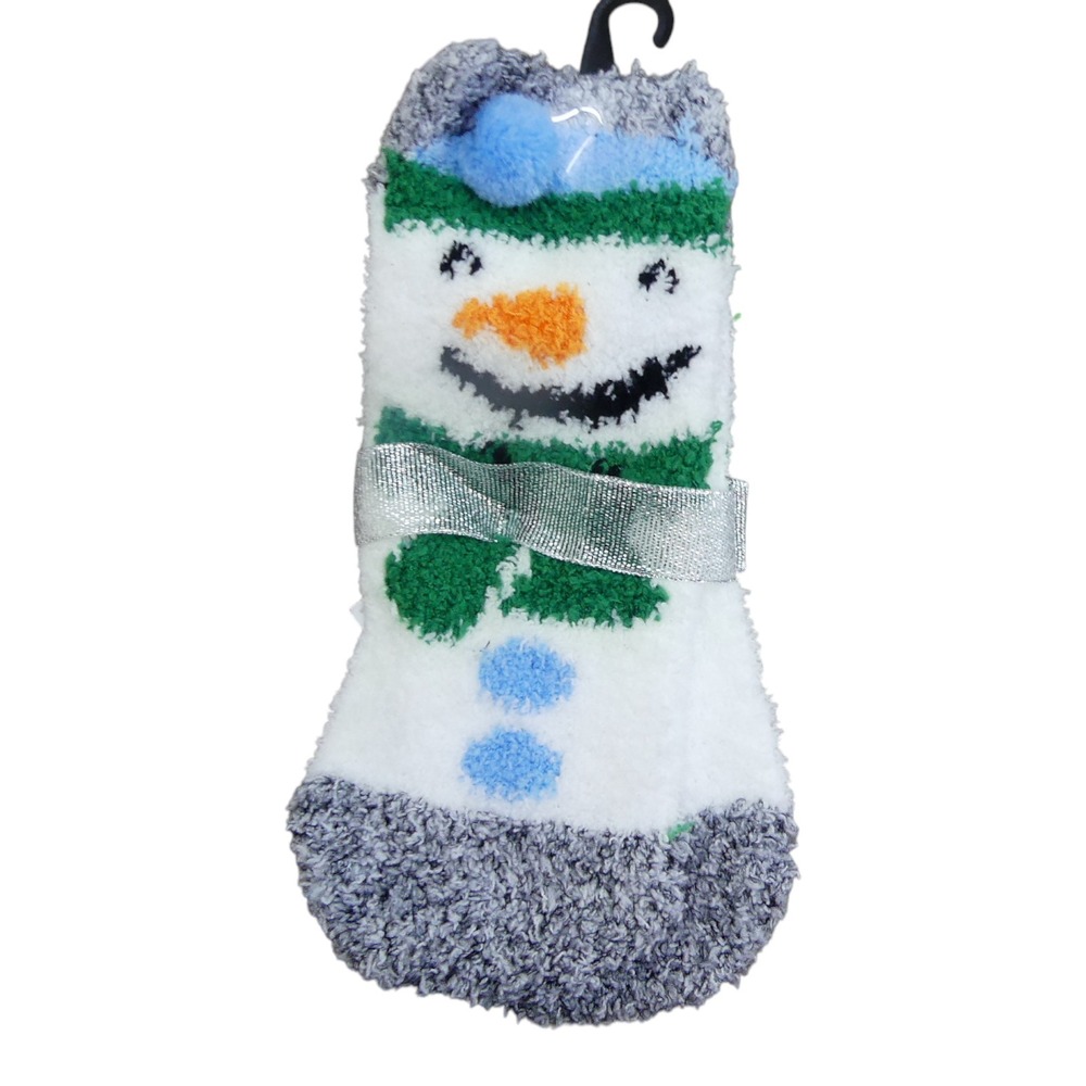 Holiday Time Cozy Slipper Sock Womens 4-10 White New Snowman Fuzzy Winter